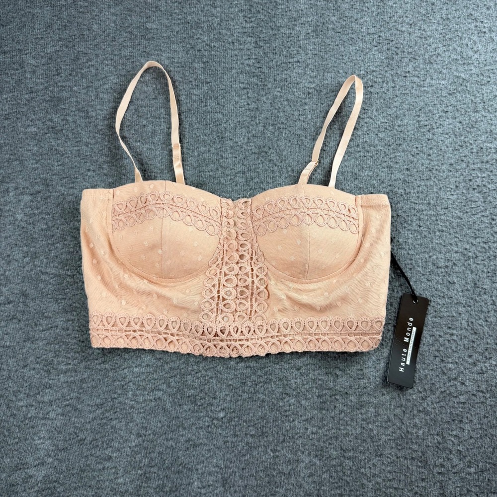 Haute Monde Bustier Crop Top Womens Medium Peach Crochet Lace Polka Dot HMST0316